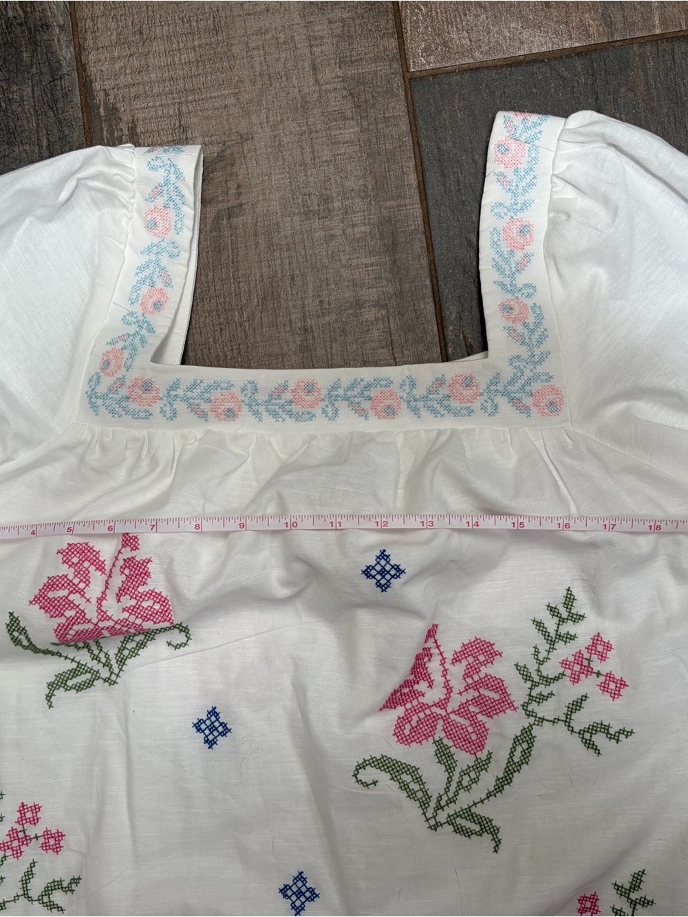 Embroidered Floral White Peasant Tunic Dress - White, Blue, Pink & Green - Picture 8 of 8
